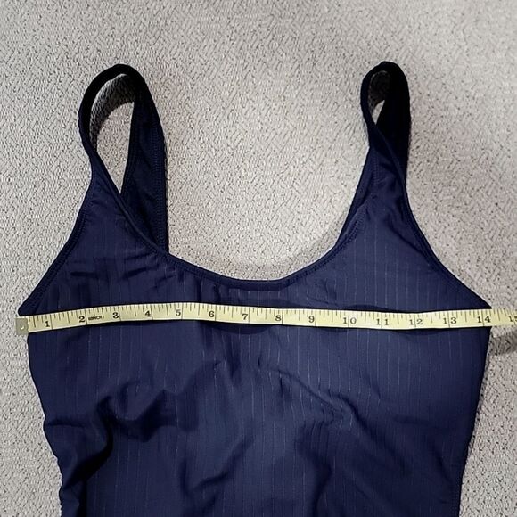 Nine West Solid Navy Blue Ribbed Tie Back One Piece Swimsuit - Size Large - Picture 8 of 15